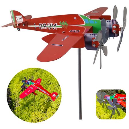 Windspiel "Flugzeug NURB-1" (30 x 32 cm) in rot - Mit drei Propellern